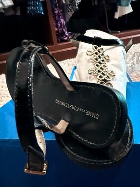 Diane Von Furstenberg Black Patent Leather Ankle-Strap Sandals with Gold Buckle